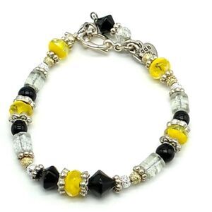 Acrylic Beaded Bracelet Black Yellow Clear with Silver-tone Accents